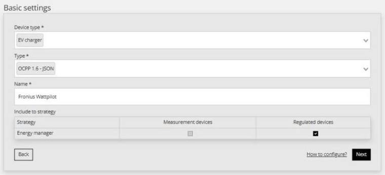 Reduxi Configurator, Basic settings: EV charger, OCPP 1.6 - JSON, naziv Fronius Wattpilot