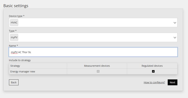 Basic settings du Reduxi Configurator : device type HVAC, type myPV, name myPV AC Thor 9s