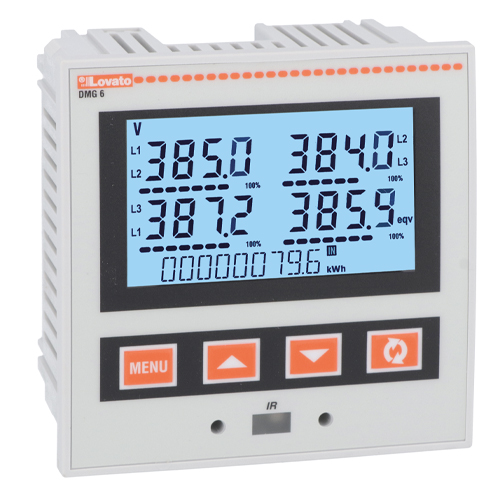 Schalttafel-Multimeter Lovato DMG 6, Display zeigt Phasenspannungen 385.0, 384.0, 387.2 und 79.6 kWh