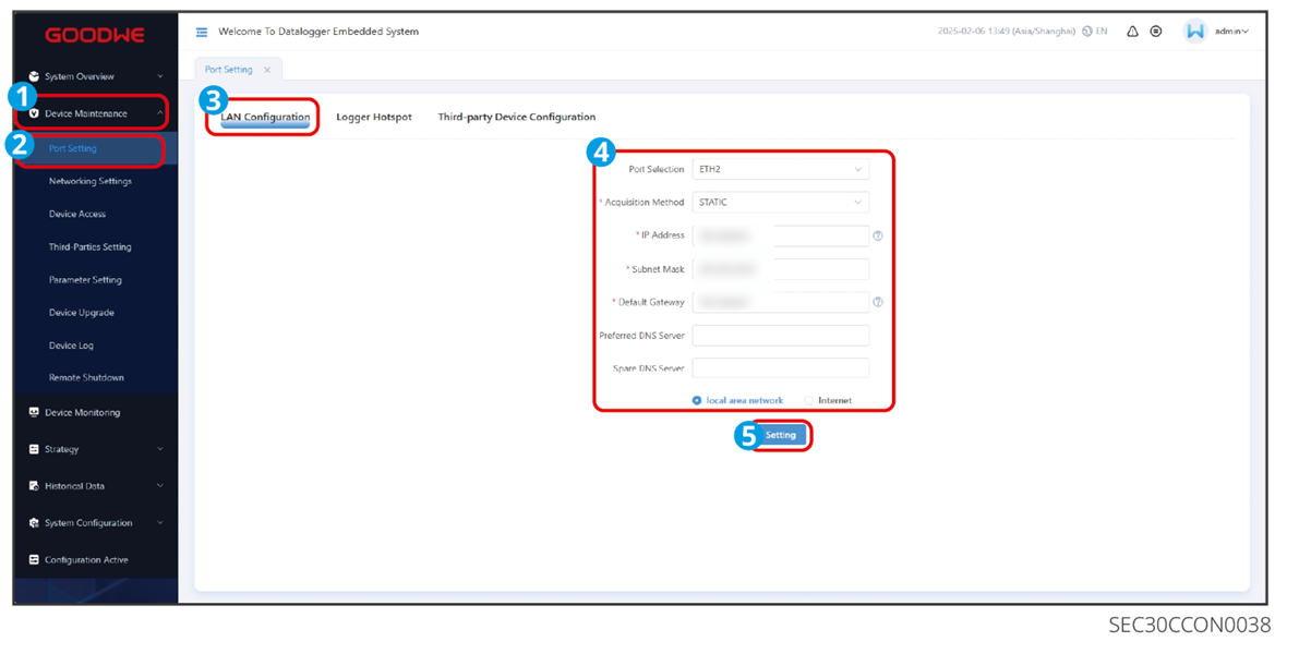 GoodWe SEC3000C LAN Configuration : Port Selection ETH2, Acquisition Method STATIC, bouton Setting
