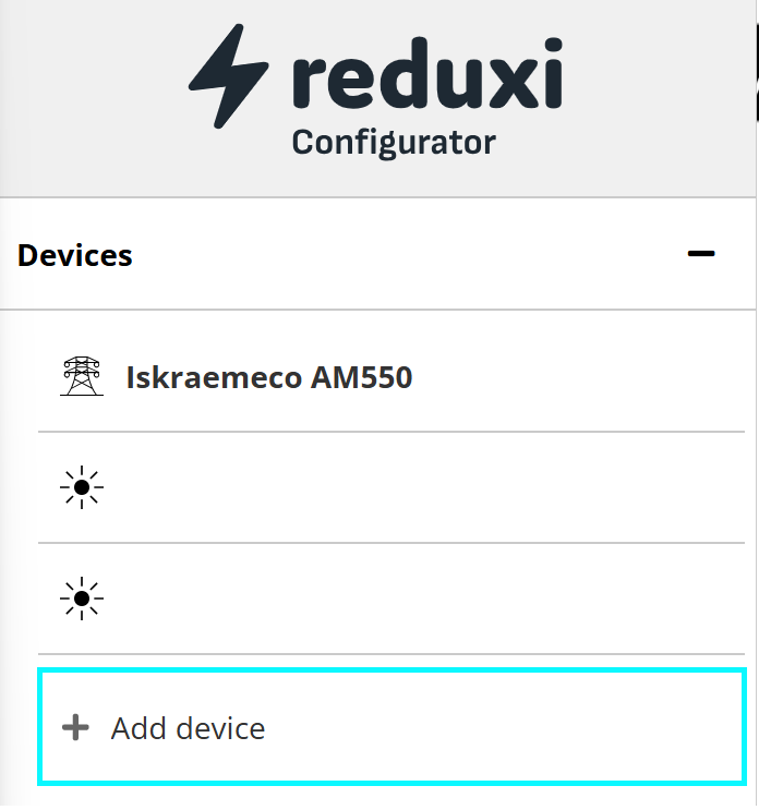 Enhetslistan i Reduxi Configurator med knappen Add device markerad i cyan