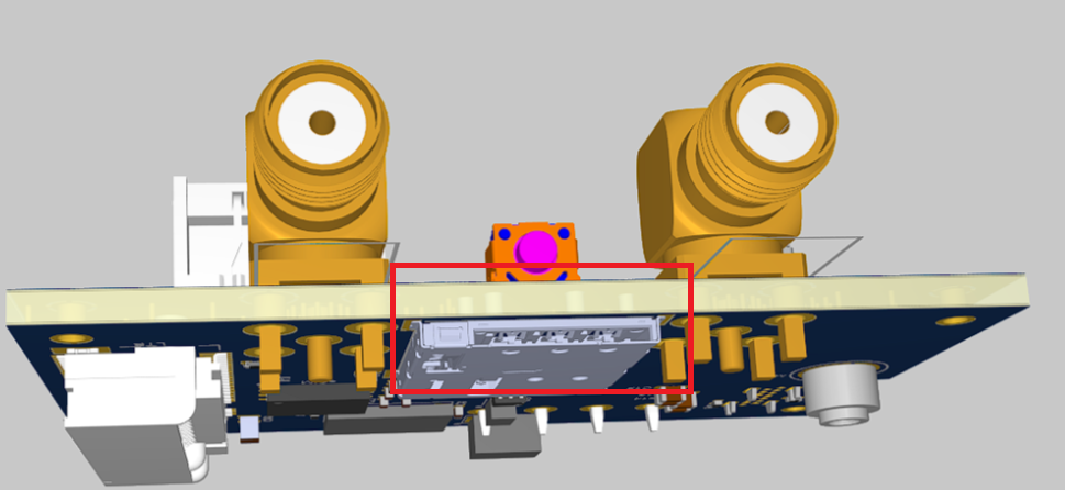 Rendering av kretskortet i P1 Ultra Pro: en röd ram markerar SIM-kortplatsen på undersidan