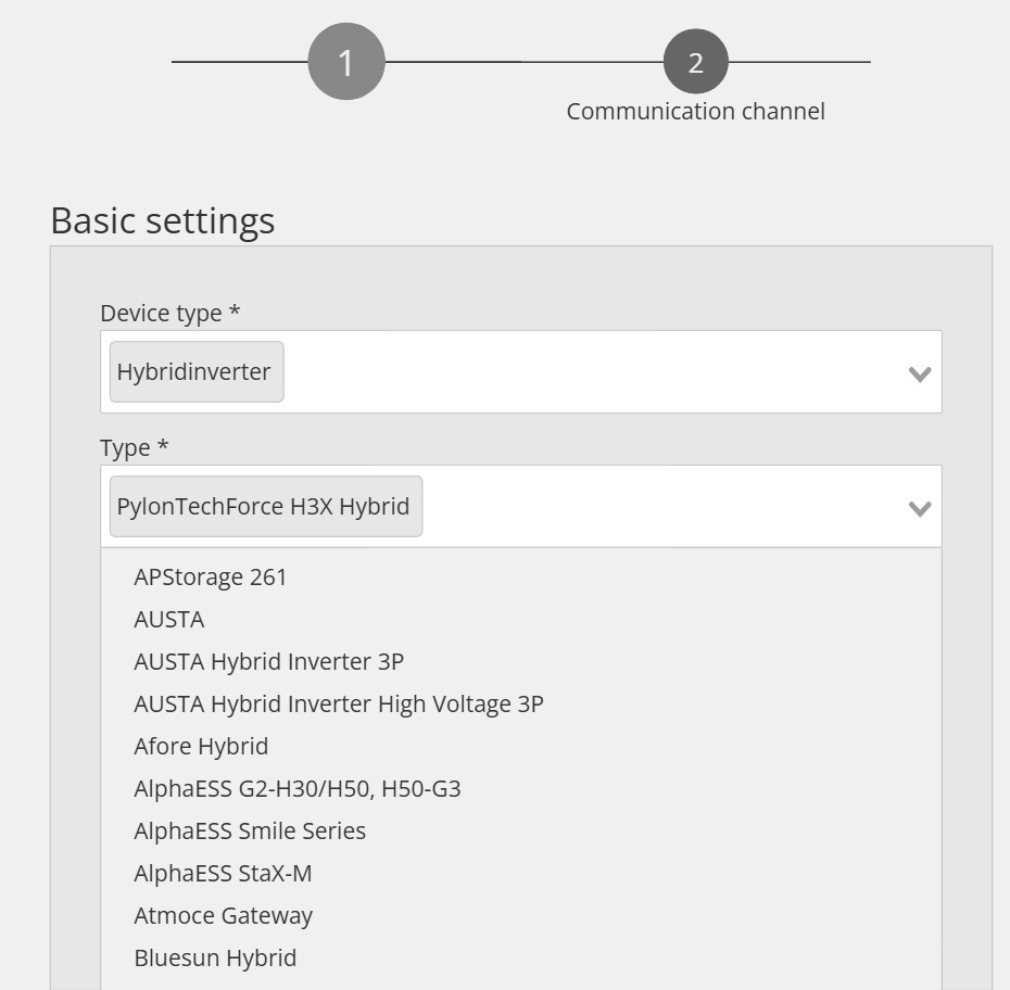 Basic settings du Configurator : Device type Hybridinverter, Type PylonTechForce H3X Hybrid, liste des types ouverte