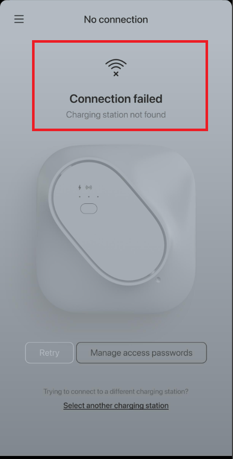 Aplikacija INCH Core, zaslon No connection, sporočilo Connection failed je označeno z rdečim okvirjem