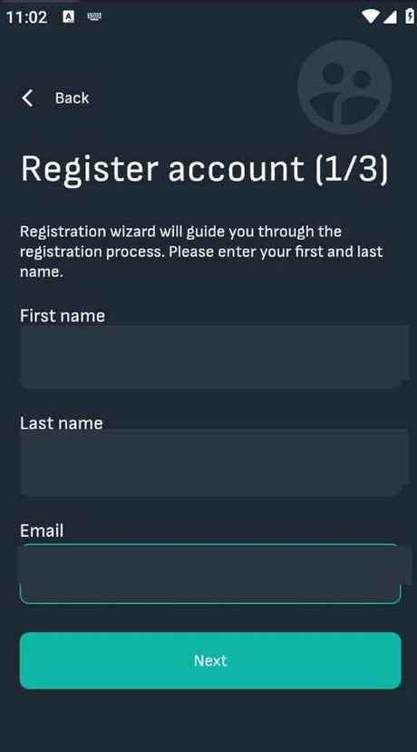 Application Reduxi, Register account 1/3 : champs First name, Last name et Email vides, bouton Next