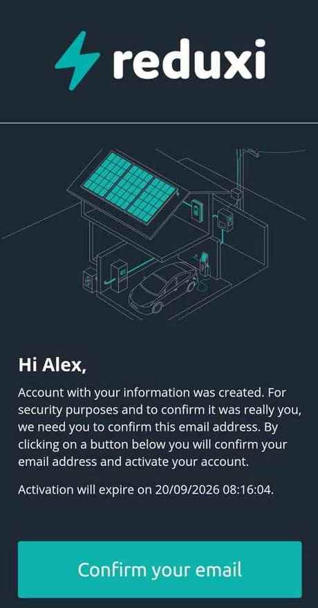 E-mail de confirmation Reduxi avec un bouton vert Confirm your email