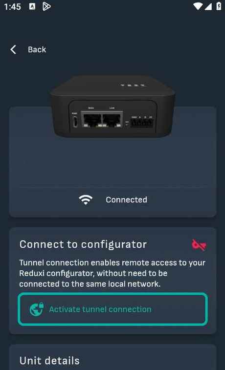 Page d'appareil de l'application Reduxi avec le bouton Activate tunnel connection en surbrillance