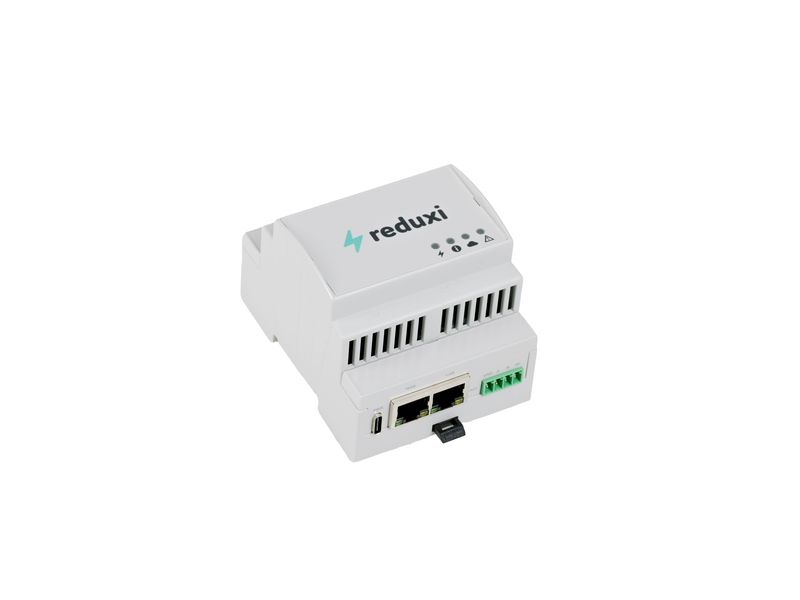 Photo d'un Reduxi Controller gris clair pour rail DIN avec deux ports RJ45 et un bornier vert