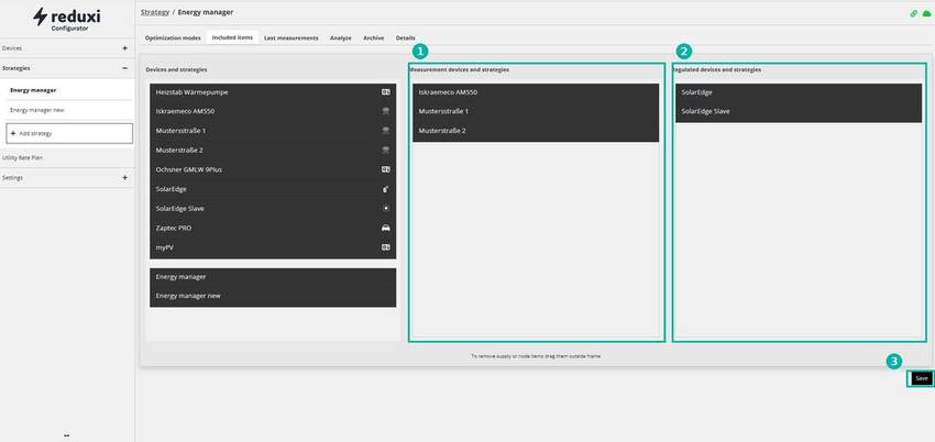 Included items de la stratégie du Reduxi Configurator : colonnes des appareils de mesure et des appareils régulés