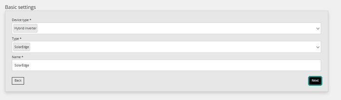 Basic settings v Reduxi Cloud: device type Hybrid inverter, type SolarEdge, name SolarEdge