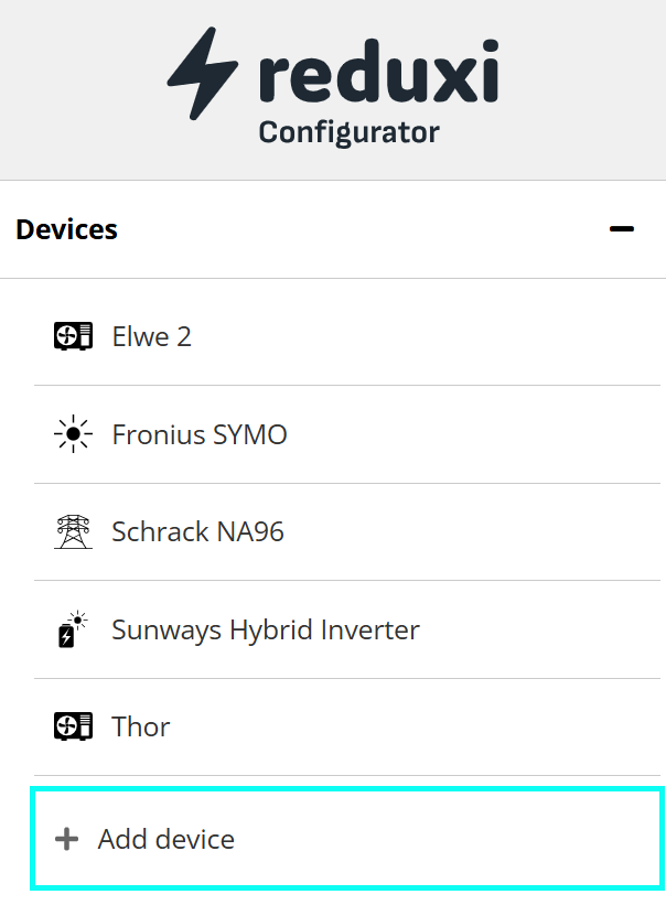 Geräteliste im Reduxi Configurator mit hervorgehobener Schaltfläche Add device