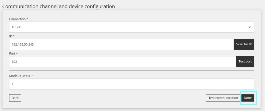 Obrazac komunikacije u alatu Reduxi Configurator: TCP/IP, IP 192.168.50.243, port 502, unit ID 1, Done označeno