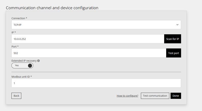 Reduxi Configurator, postavke komunikacije: TCP/IP, IP 10.0.0.252, port 502, unit ID 1