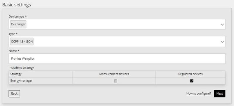Basic settings du Reduxi Configurator : device type EV charger, type OCPP 1.6 - JSON, Fronius Wattpilot