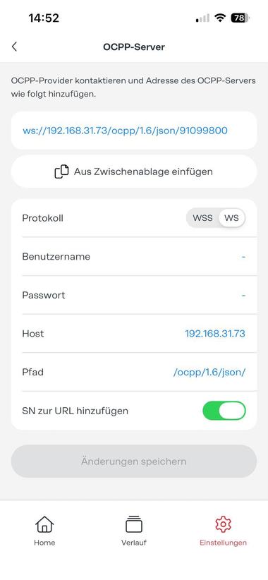 Zaslon OCPP-Server v aplikaciji Fronius Wattpilot: URL ws, host 192.168.31.73, pot /ocpp/1.6/json/