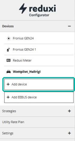 Meni Reduxi Configurator z gumbom Add device, poudarjenim pod seznamom naprav