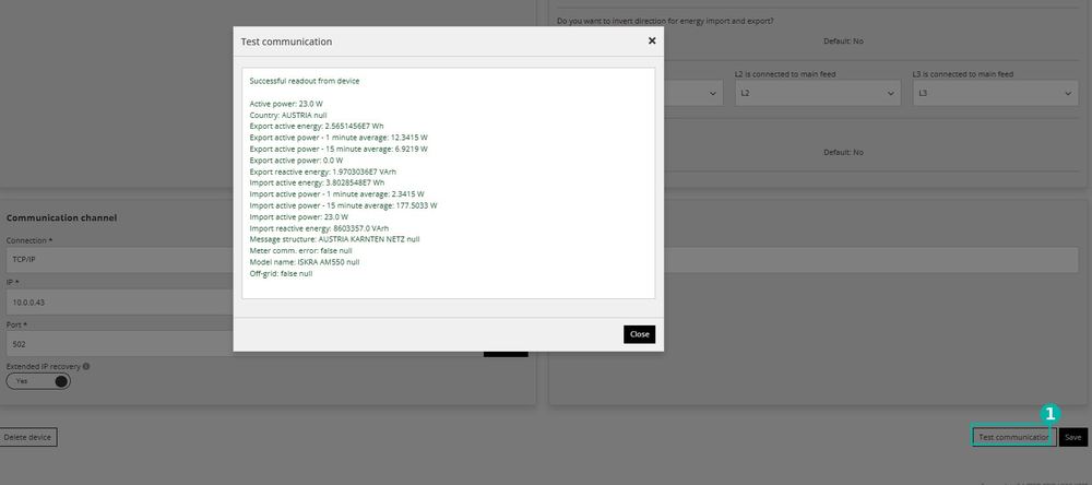 Pogovorno okno Test communication v Reduxi Configurator: uspešno branje, model ISKRA AM550, TCP/IP 10.0.0.43 vrata 502