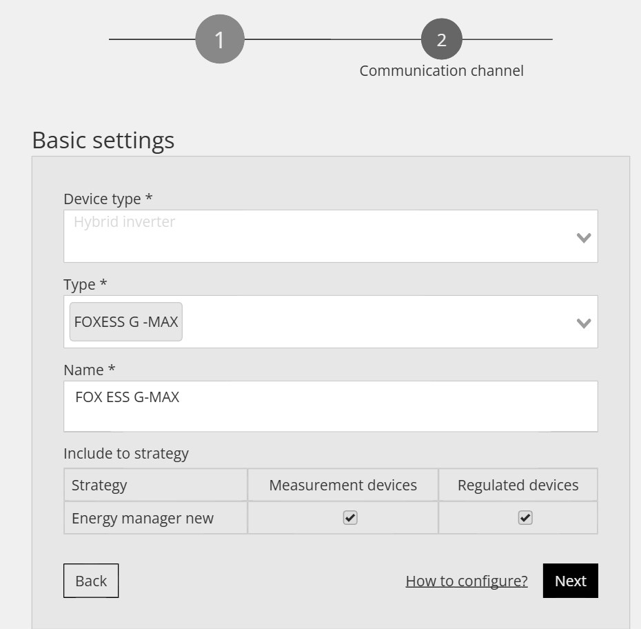 Configurator Basic settings: Hybrid inverter, Type FOXESS G -MAX, Name FOX ESS G-MAX
