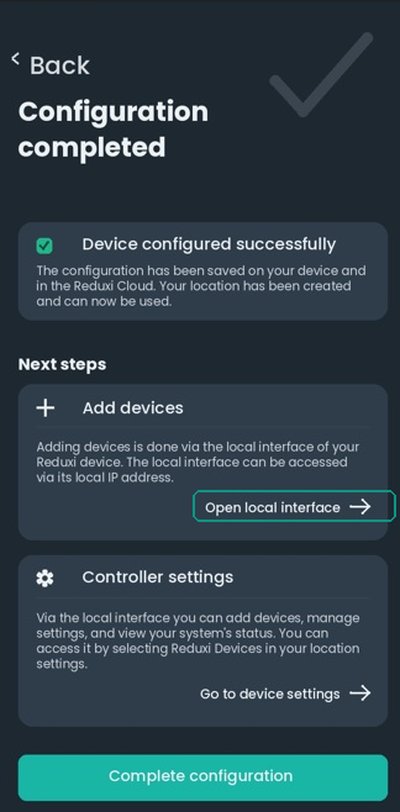 Configuration completed i Reduxi-appen: Device configured successfully, kortet Add devices med knappen Open local interface