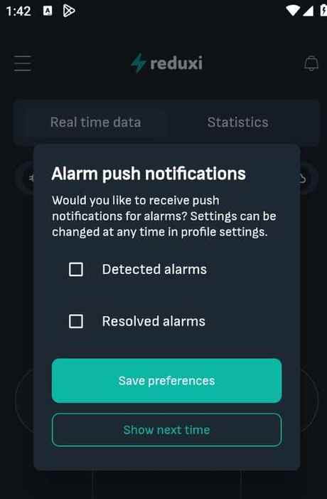Dialogrutan Alarm push notifications i Reduxi-appen: kryssrutorna Detected alarms och Resolved alarms, inte ikryssade