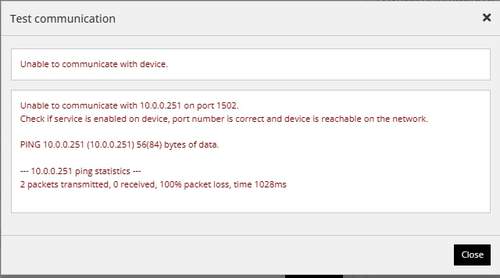 Kommunikationstestet i Reduxi Configurator misslyckades: kan inte kommunicera med 10.0.0.251 port 1502, 100 % paketförlust