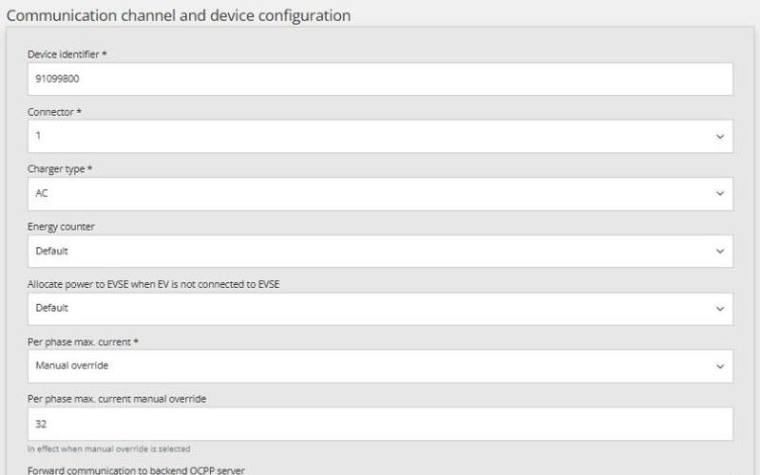Nastavitve polnilnice OCPP v Reduxi Configurator: device identifier 91099800, connector 1, charger type AC