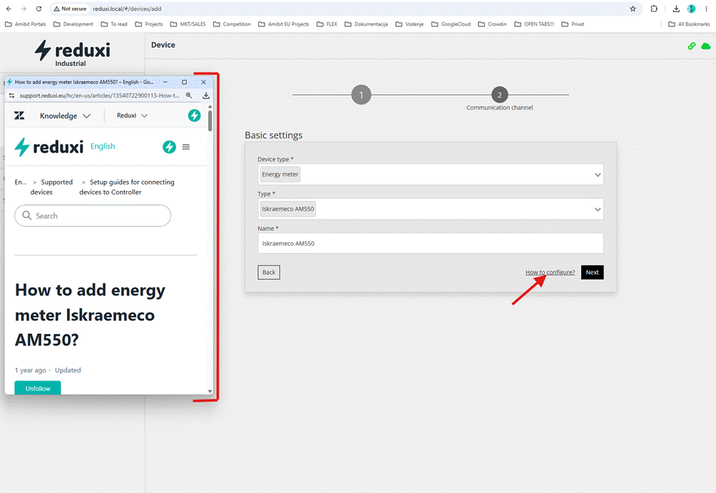 Enhetssidan i Reduxi Industrial, energimätaren Iskraemeco AM550, länken How to configure öppnar supportartikeln
