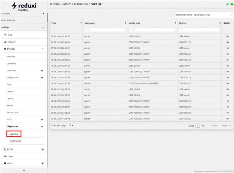 Sidan Audit log i Reduxi Industrial: tabell med händelserna USER_LOGIN, CONTROLLER_STARTUP och CONTROLLER_REBOOT, 3 till 5 augusti 2026