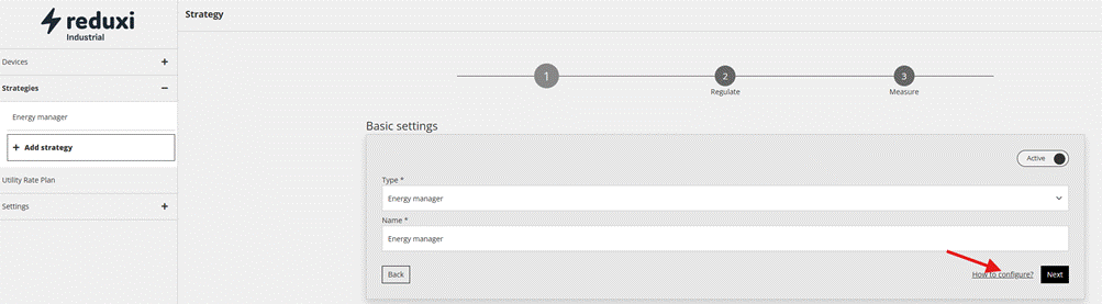 Strategisidan i Reduxi Industrial, Basic settings: typ Energy manager, med en röd pil mot länken How to configure