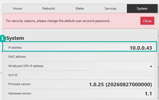 Interface web locale du P1 Ultra, onglet System : adresse IP 10.0.0.43 surlignée, firmware 1.0.25