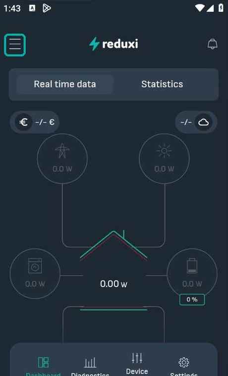 Nadzorna plošča aplikacije Reduxi, zavihek Real time data, z ikono menija, označeno z zeleno