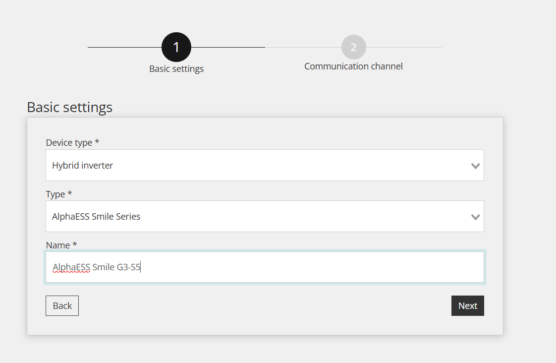 Grundinställningar i Reduxi Configurator: hybridväxelriktare, typ AlphaESS Smile Series, namn AlphaESS Smile G3-S5