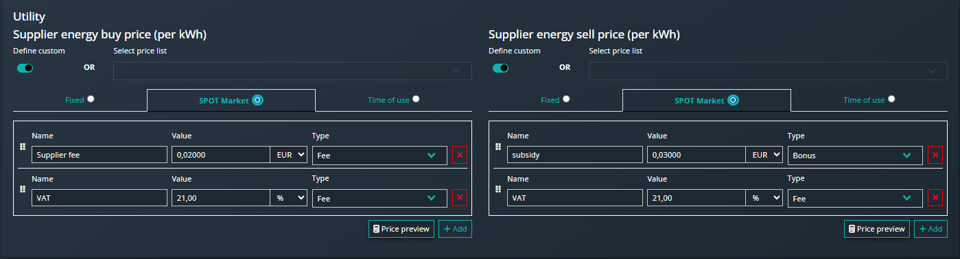 Reduxi Cloud Utility, köp- och säljpris: SPOT Market, leverantörsavgift 0,02 EUR, bonus på 0,03 EUR i stöd, moms 21 %