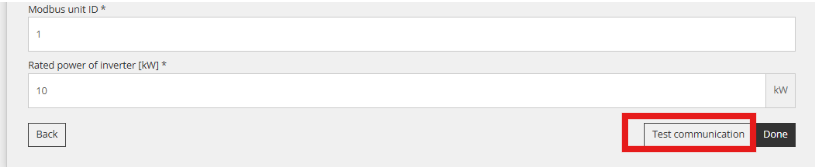 Formulär i Reduxi Configurator med knappen Test communication markerad med en röd ruta