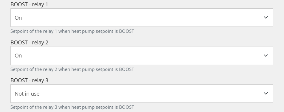 Podešavanja releja u Reduxi Configuratoru za setpoint BOOST: relej 1 On, relej 2 On, relej 3 Not in use