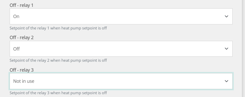 Paramètres de relais du Reduxi Configurator pour la consigne off : relais 1 On, relais 2 Off, relais 3 Not in use