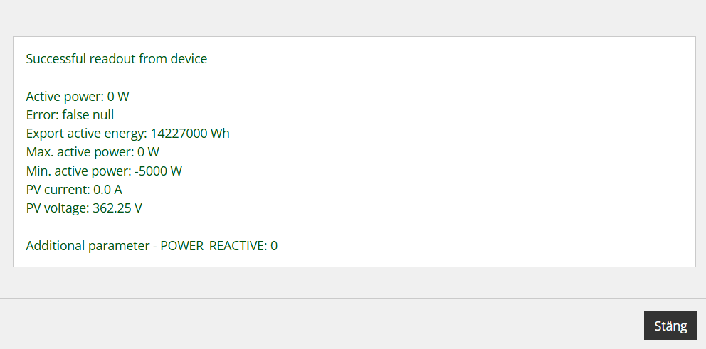 Resultat av kommunikationstestet: lyckad avläsning från enheten med effekt-, energi- och PV-värden