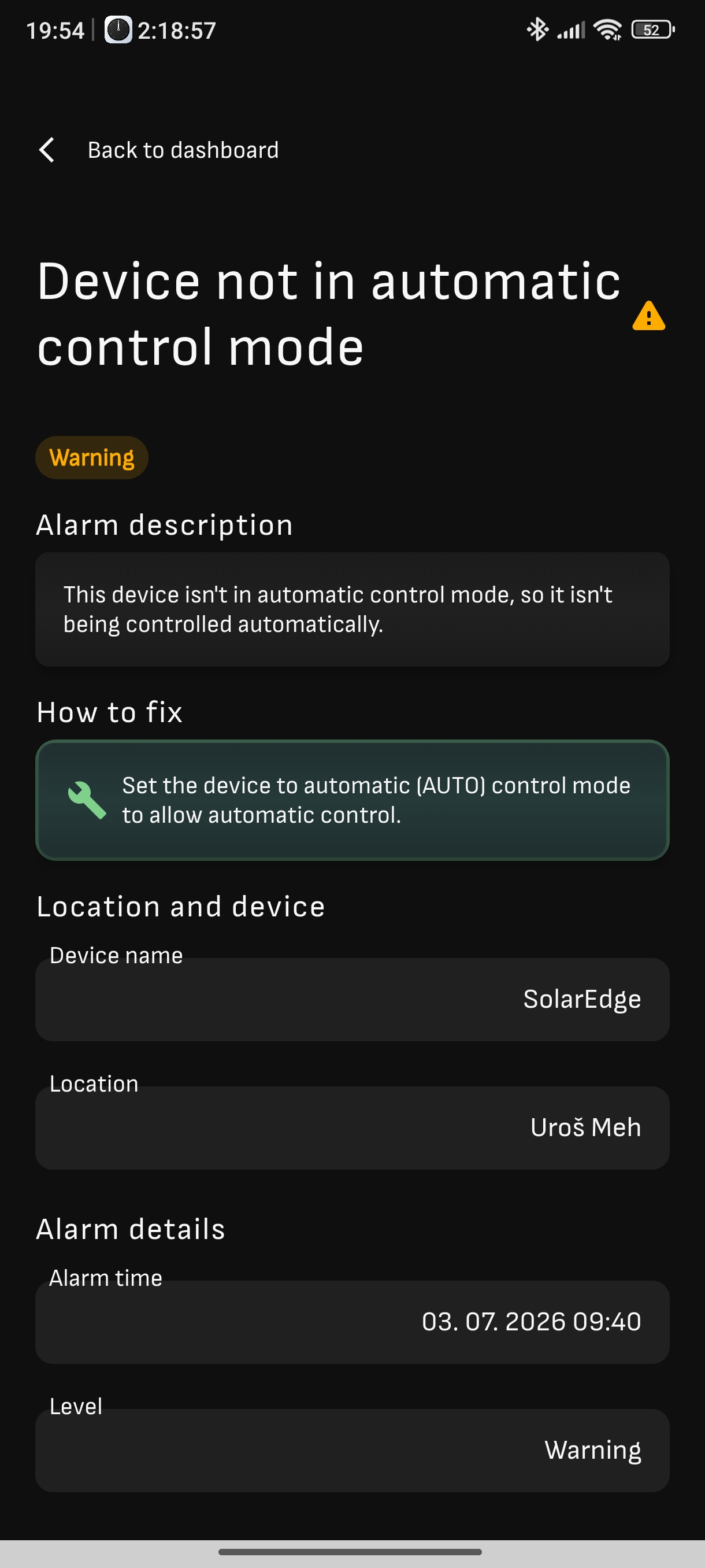 Larmet Device not in automatic control mode i Reduxi-appen: Warning, enhet SolarEdge, larmtid 03. 07. 2026 09:40
