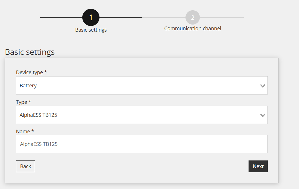 Paramètres de base du Reduxi Configurator : type d'appareil Battery, type AlphaESS TB125
