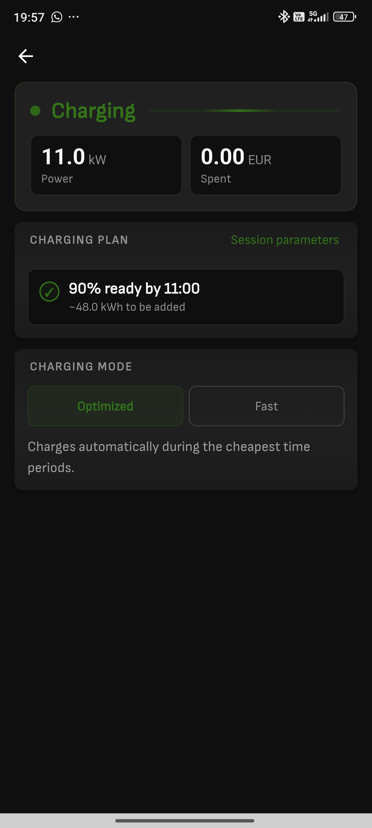 Recharge VE dans l'application Reduxi : Charging, puissance 11,0 kW, 0,00 EUR dépensés, prêt à 90 % à 11:00, mode Optimized