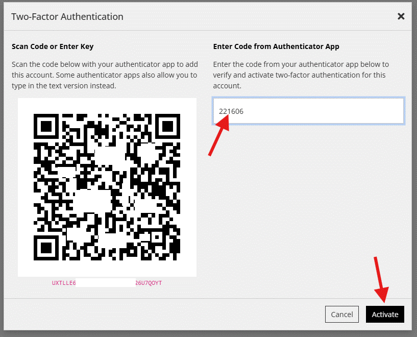 Boîte de dialogue Two-Factor Authentication du Reduxi Industrial : code QR, champ de code avec 221606, boutons Cancel et Activate