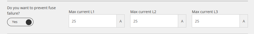 Nastavitev preprečevanja izpada varovalke: Yes, max current L1, L2 in L3 vsak 25 A