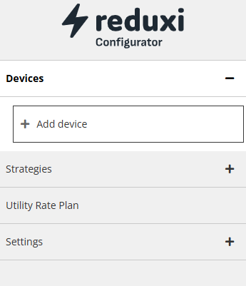 Vänstermenyn i Reduxi Configurator med en tom lista Devices och knappen + Add device