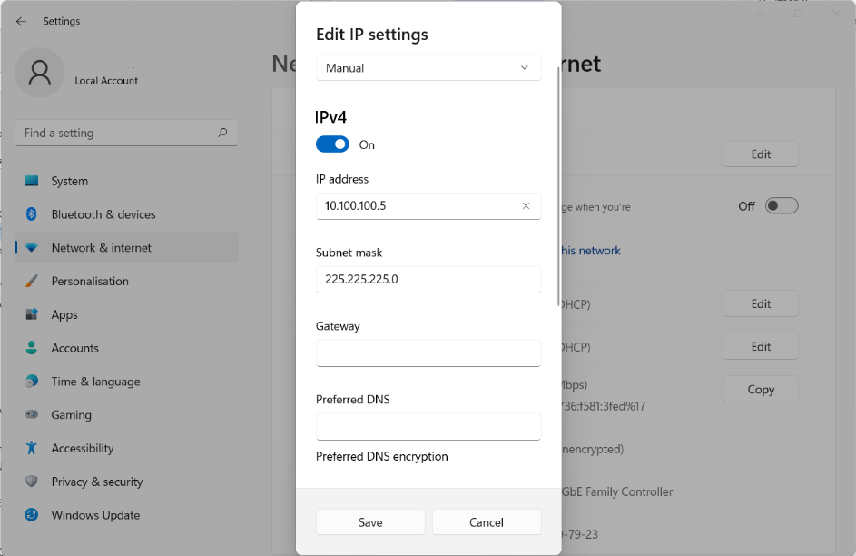 Pogovorno okno Edit IP settings v Windows: Manual, IPv4 vklopljen, naslov IP 10.100.100.5, maska podomrežja 225.225.225.0