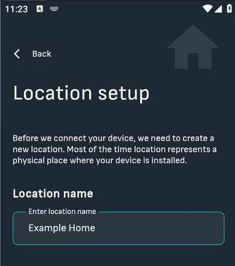 Екран Location setup в приложението Reduxi с поле за име на локацията със стойност Example Home