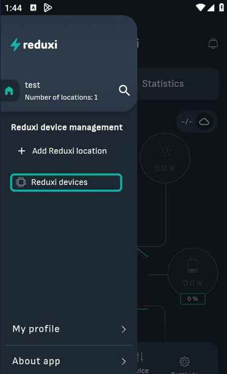 Навигационно чекмедже на приложението Reduxi: Reduxi device management, Add Reduxi location, Reduxi devices е подчертано