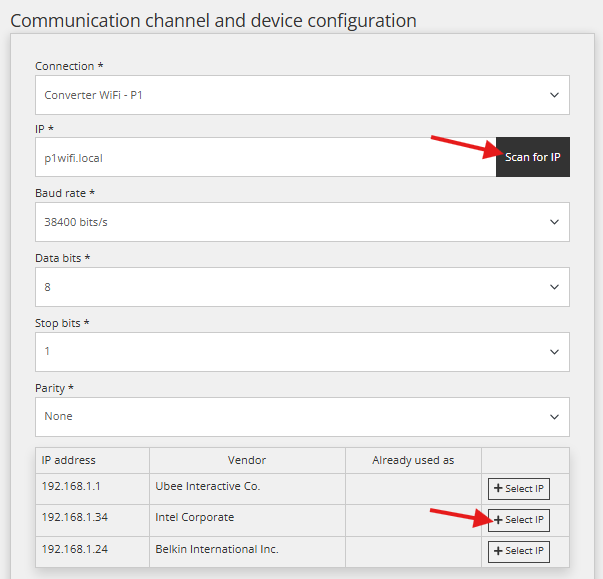 Комуникационен канал на Reduxi Industrial: Converter WiFi - P1, p1wifi.local, 38400 bit/s, таблица с резултати от Scan for IP