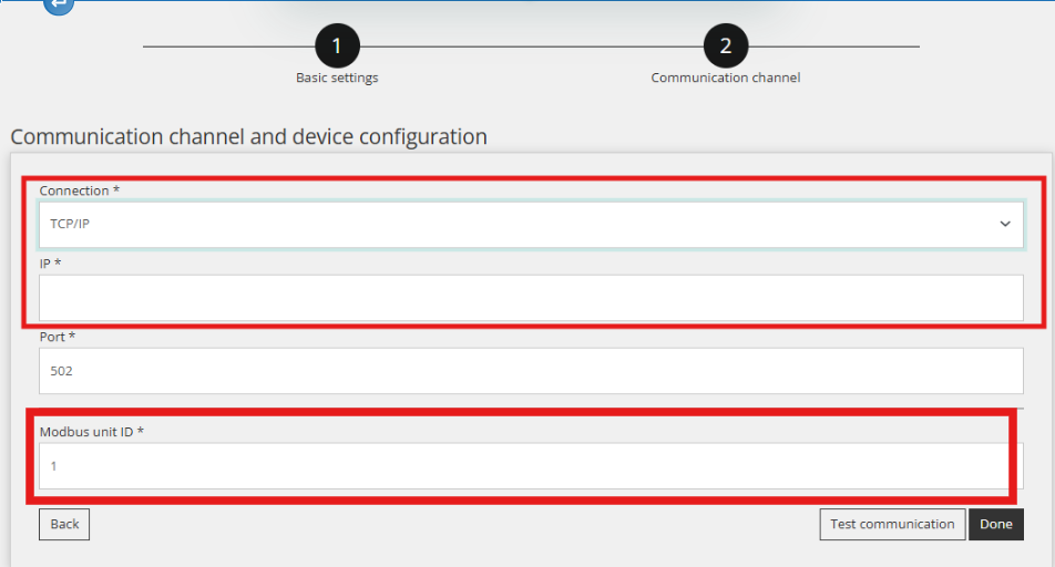 Canal de communication du Reduxi Configurator : TCP/IP, port 502, ID d'unité Modbus 1, champ IP vide
