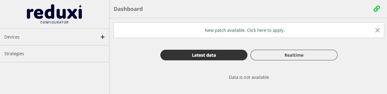 Reduxi Configurator Dashboard with message New patch available. Click here to apply.