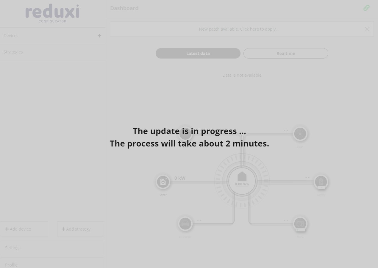 Reduxi Configurator overlay: The update is in progress ... The process will take about 2 minutes.